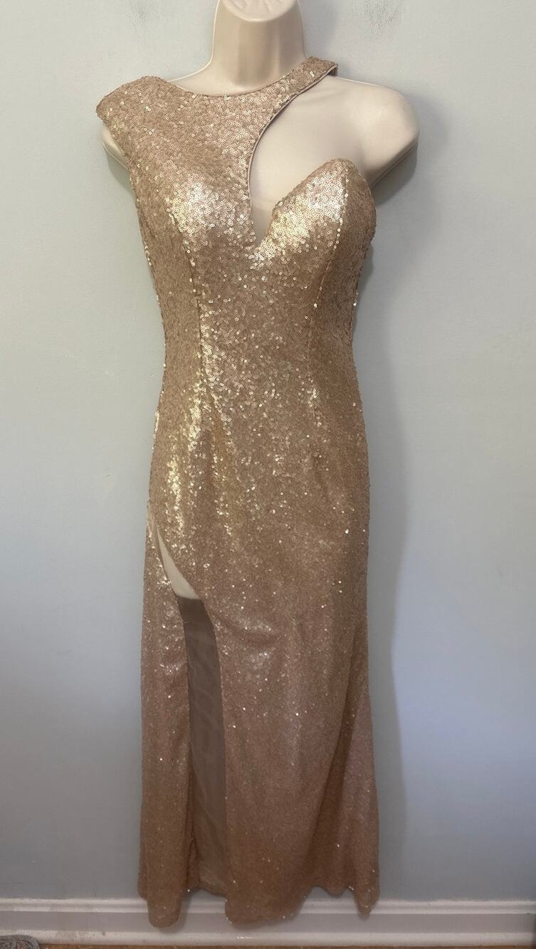 Temptation Dress Womens 0 Gold Sequin Gown One Shoulder Old Hollywood Glam Hoco